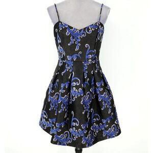 Belle Badgley Mischka Dress Womens 6 Black Blue Floral Spaghetti Strap Pleats